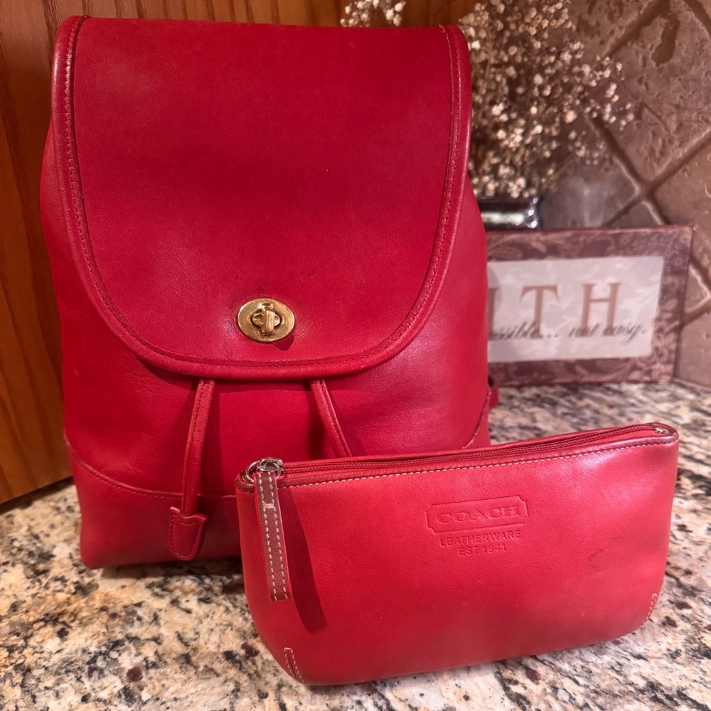 Coach Red 2pc Genuine Leather Backpack Purse Ltd. Edition & Cosmetic Pouch Set